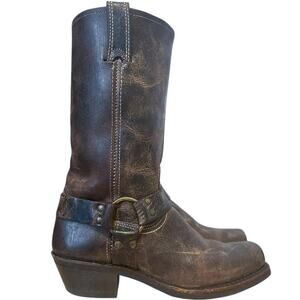 Frye Vintage Crackled Brown Leather Square Toe Harness Boots 9.5
